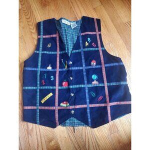 Vintage Oak Hill Plaid Corduroy Vest Embroidered School-Themed Designs Size 16